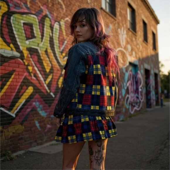 Delia*s “In This Moment” Denim Jacket & Skirt Set w/ Plaid Patchwork – Rebellion - Picture 4 of 12